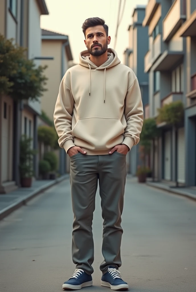 A 30 year old man in a quiet street, wearing cream coloured slim fit hoodie, grey chinos and navy plimsols, full body, looking at viewer