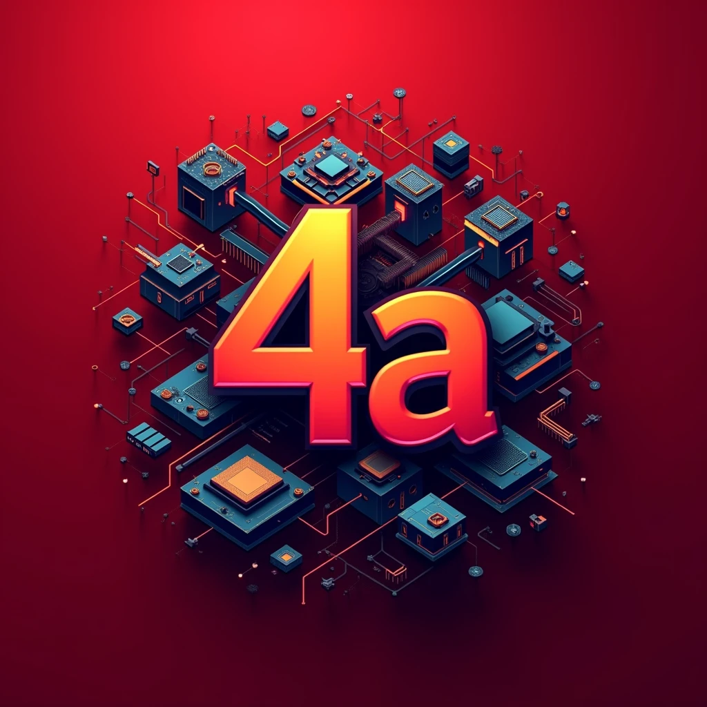 Colorfull logo with very big text "4a" and many computer parts in  red background