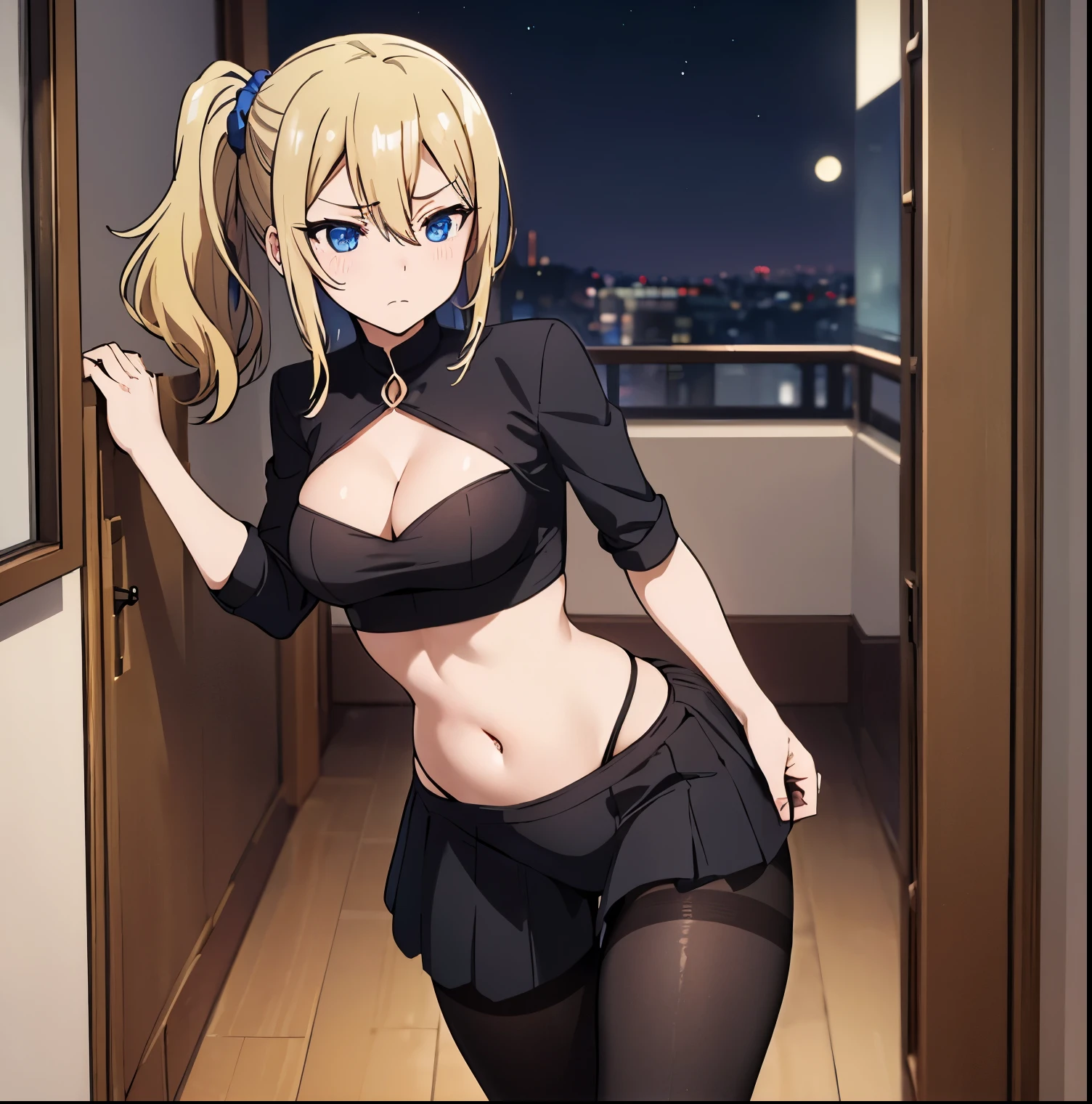 1girl,alone, Ai Hayasaka,masterpiece,best quality,high resolution,ultra detailed,dynamic pose,cowboy shot,detailed eyes,perfect fingers,looking at viewer,perfect body,blue scrunchie,side ponytail,hair between eyes , blue eyes, blonde hair, hair ornament, medium breasts, narrow waist, wide hips, wide thighs, round butt,((black lingerie, two-piece lingerie, exposed navel, cleavage, black pantyhose)),(inside, room, double bedroom, window, night, moon, city lights), (standing), tears, frown, looking forward, ((focus on breasts)), pov (from middle), perfect anatomy, hands perfect