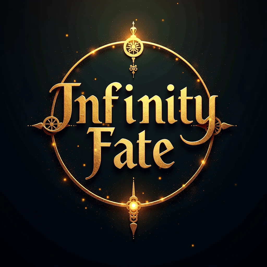 Create an image with dimensions of 1080x1080 pixels. En el centro de la imagen, put the phrase &#39;INFINITY FATE&#39; in a stylish and modern font. Use gold color to highlight the word &#39;INFINITY&#39;, making it bigger and more prominent. The word &#39;FATE&#39; should be in a slightly smaller size, also in gold, but in a more subtle tone to ensure harmony with the design. The background can be a cosmic gradient in dark tones or subtle patterns that complement the gold text without distracting from it.. Add decorative elements related to the theme of infinity and destiny, as astral symbols or energy lines, in tones that highlight the gold and create a striking and attractive visual effect.