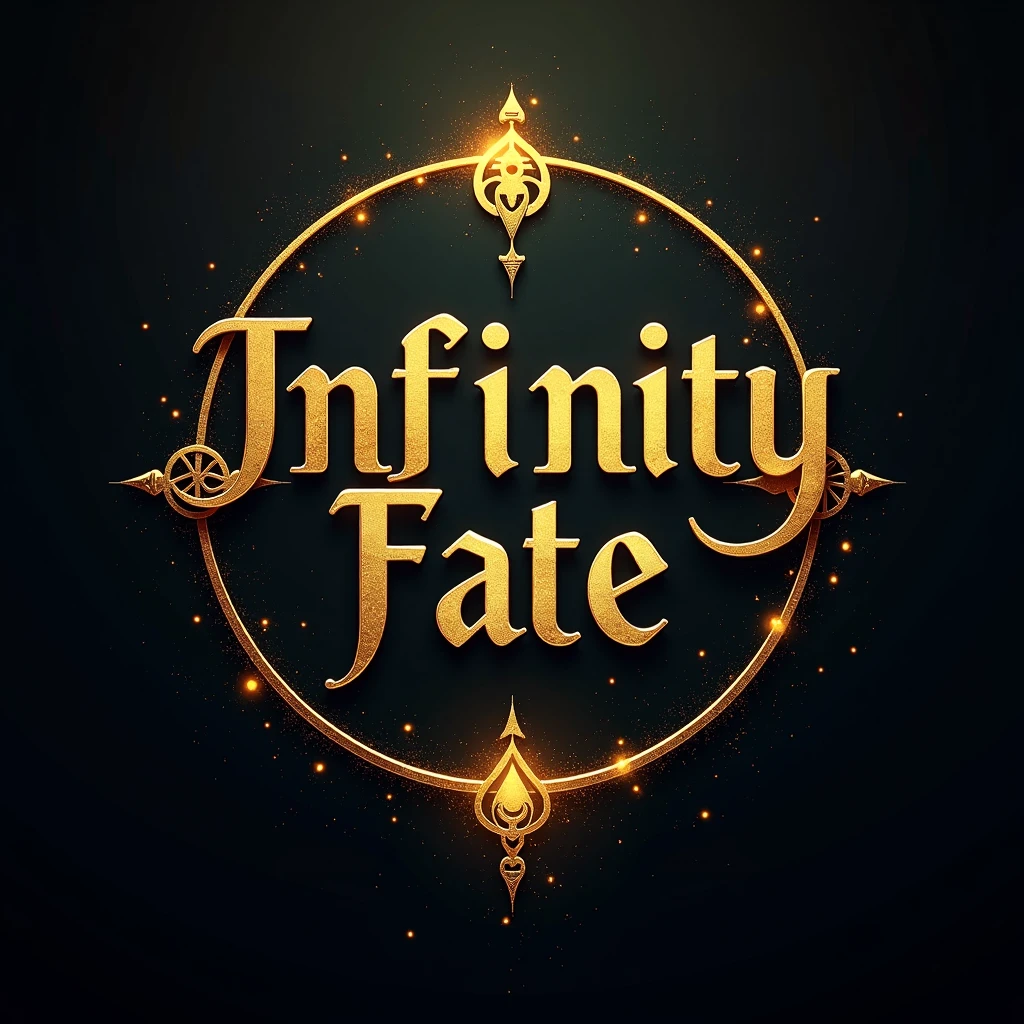 Create an image with dimensions of 1080x1080 pixels. En el centro de la imagen, put the phrase 'INFINITY FATE' in a stylish and modern font. Use gold color to highlight the word 'INFINITY', making it bigger and more prominent. The word 'FATE' should be in a slightly smaller size, also in gold, but in a more subtle tone to ensure harmony with the design. The background can be a cosmic gradient in dark tones or subtle patterns that complement the gold text without distracting from it.. Add decorative elements related to the theme of infinity and destiny, as astral symbols or energy lines, in tones that highlight the gold and create a striking and attractive visual effect.