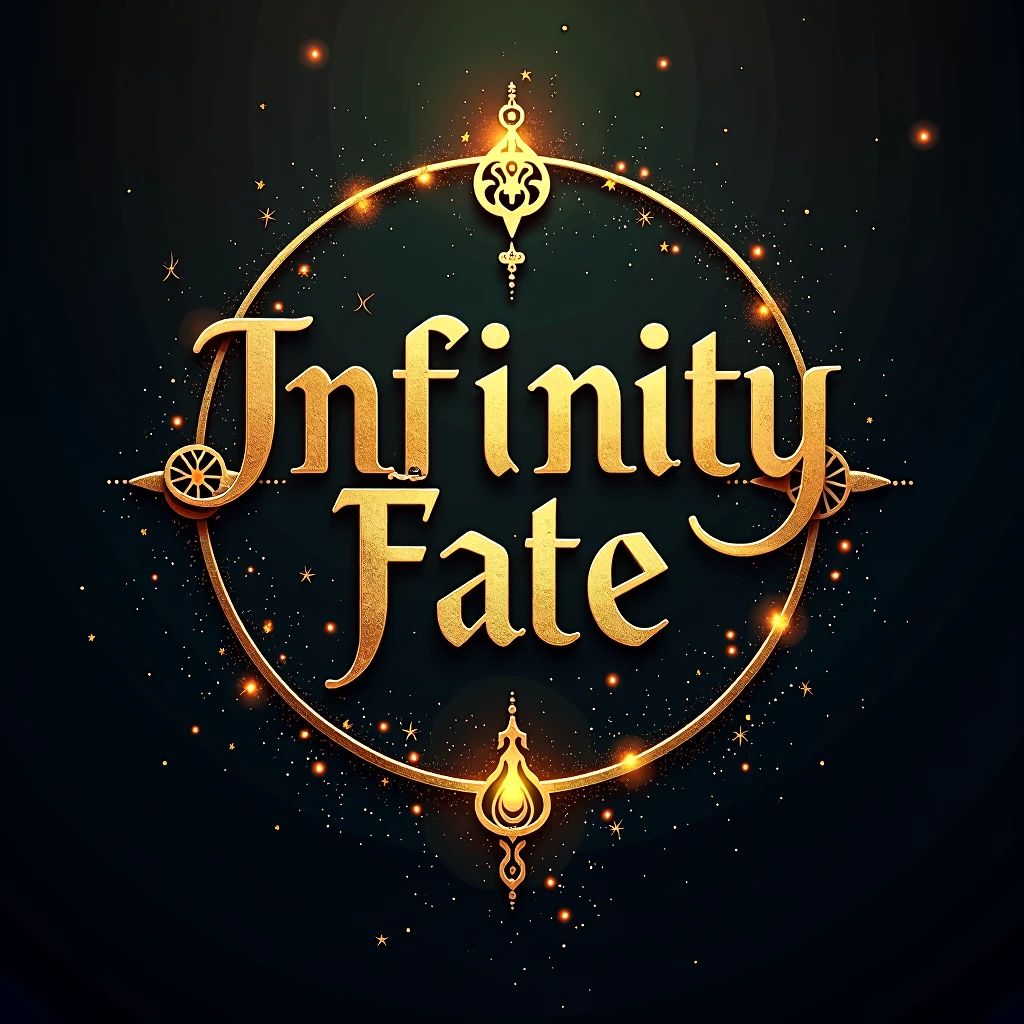 Create an image with dimensions of 1080x1080 pixels. En el centro de la imagen, put the phrase &#39;INFINITY FATE&#39; in a stylish and modern font. Use gold color to highlight the word &#39;INFINITY&#39;, making it bigger and more prominent. The word &#39;FATE&#39; should be in a slightly smaller size, also in gold, but in a more subtle tone to ensure harmony with the design. The background can be a cosmic gradient in dark tones or subtle patterns that complement the gold text without distracting from it.. Add decorative elements related to the theme of infinity and destiny, as astral symbols or energy lines, in tones that highlight the gold and create a striking and attractive visual effect.