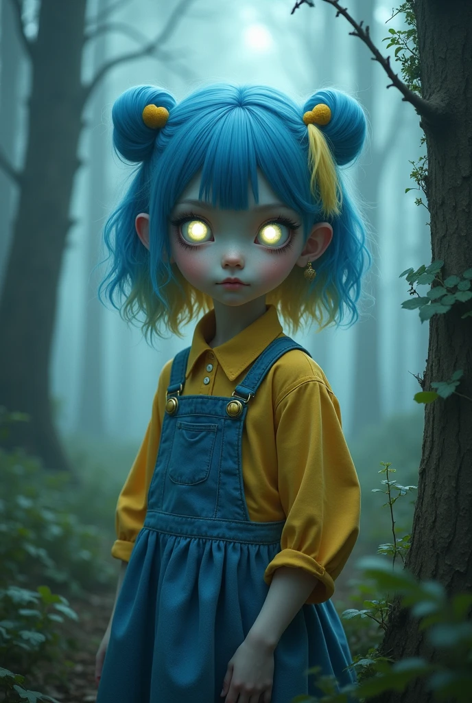 A  girl,with bright white eyes,with blue hair and a lock of yellow hair,with a short blue dress and a yellow shirt,and that it is in a foggy forest 