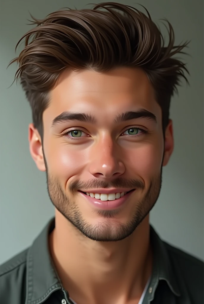 portrait of a handsome young man , Model-looking, realistic green eyes. He must have really nice hair , and a confident smile. The background should be neutral or blurred to highlight the face.. Lighting should be soft and uniform, highlighting facial features without exaggeration.