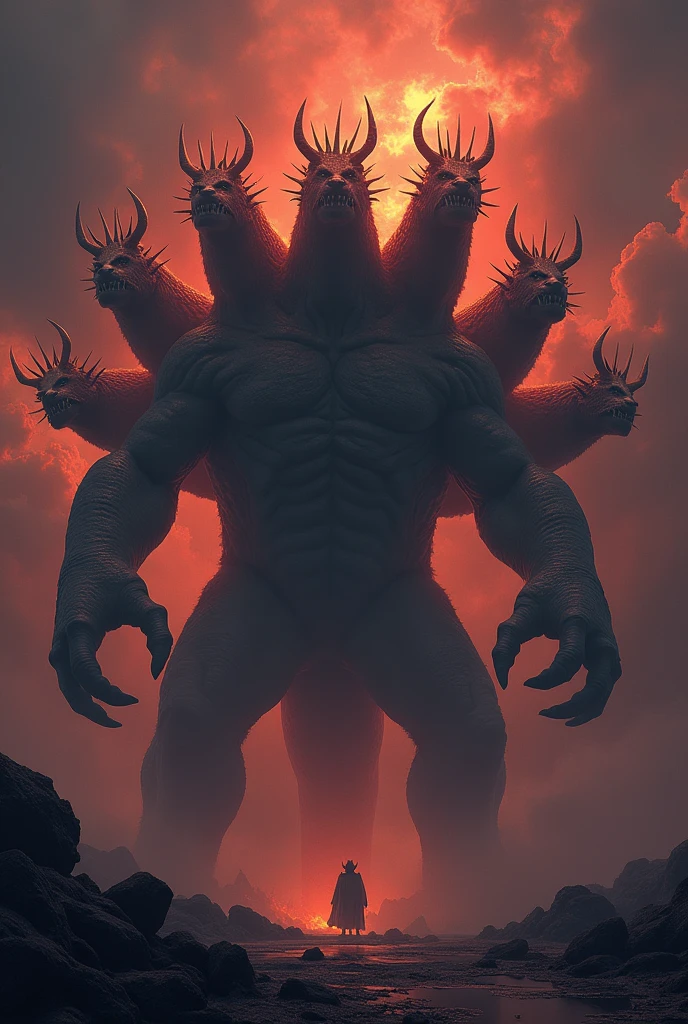 Muscular beast with seven heads and 10 horns and on the 10 horns 10 crowns