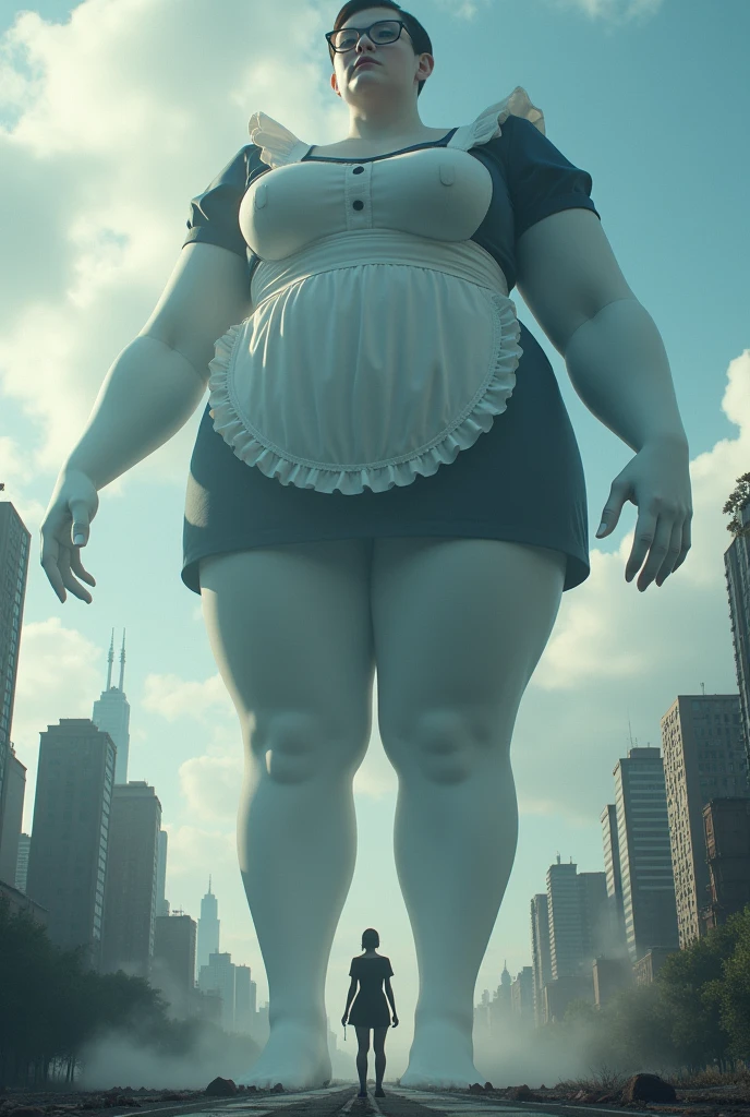 giantess art, highly detailed giantess shots, Two wrist, Two legs, Five fingers, giantess, short hair, A beautiful girl who is bigger than any skyscraper, Wearing rimless glasses, Big Breasts, Big Butt, Maid clothes, Black Pantyhose, pantyhosefeet, Pantyhose Barefoot, Steam coming out from the soles of the feet, Pissing on the city, Urine Tsunami, A very small big city, Miniature metropolis, Crush the big city, Full body description, GTS, giga giantess, stomping city, crash city, tiny city, micro city, pantyhose feet, High resolution, highest quality, masterpiece, Maid, maid,