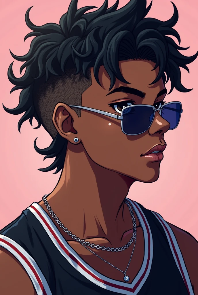 young black man with wavy hair, shaved on the sides, wearing sunglasses. anime styling. black jersey