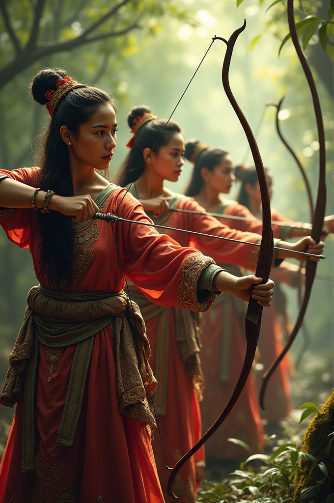 Malay women hold daggers and archery