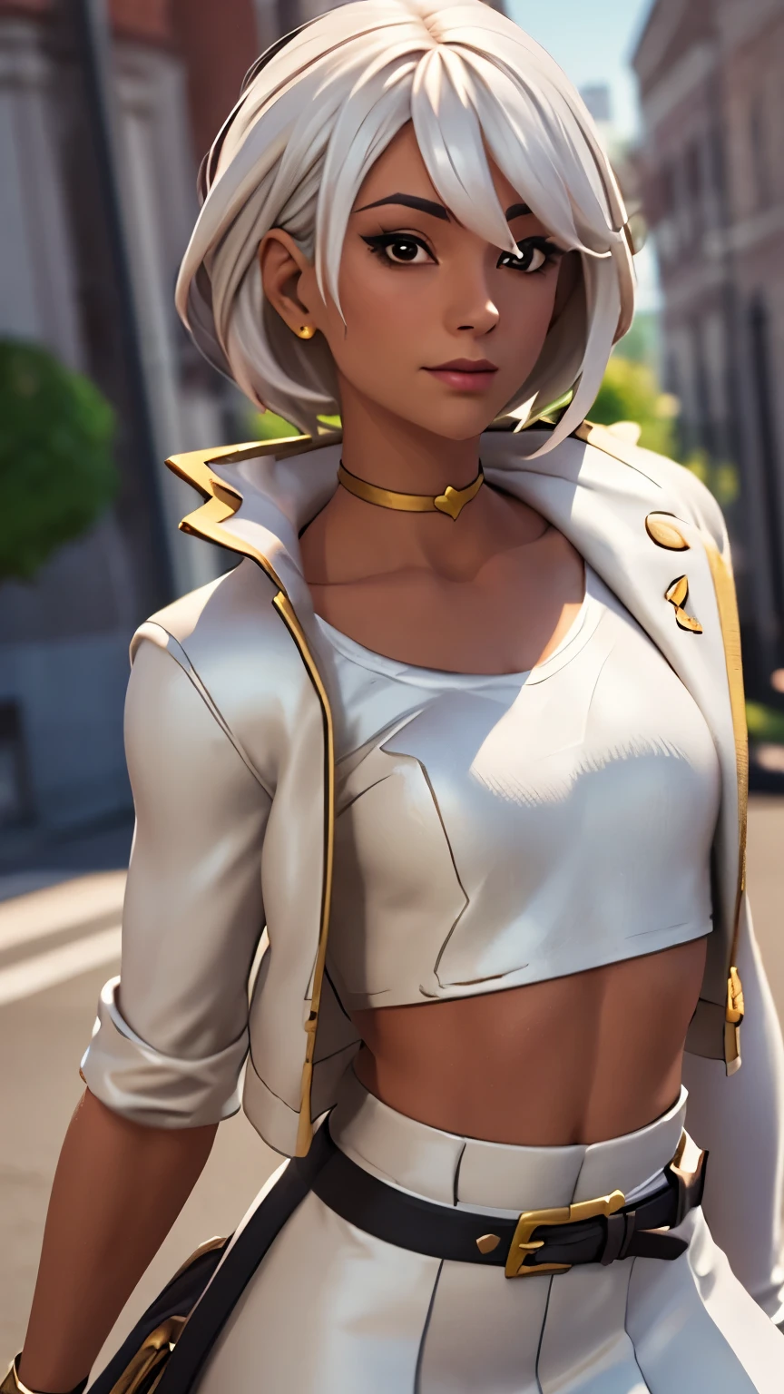 City background, 1girl, solo, HeroicHopeFN, Heroic Hope from fortnite, (crop top, white top, open clothes), (jacket crop top, white jacket, jacket loose, one short sleeve, one long sleeve), fingerless gloves, white skirt, miniskirt, belt, white hair, short hair, lipsticks, smirk, heart, upper body, looking at viewer,