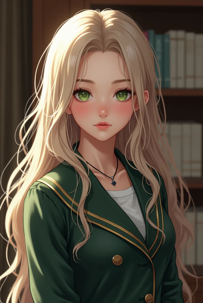 age girl with light hair and green eyes, with expensive school uniform