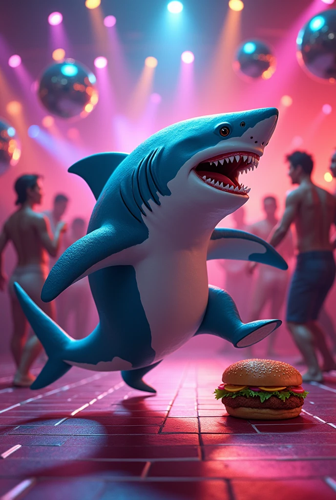 a shark dancing in a disco with a sandwich 