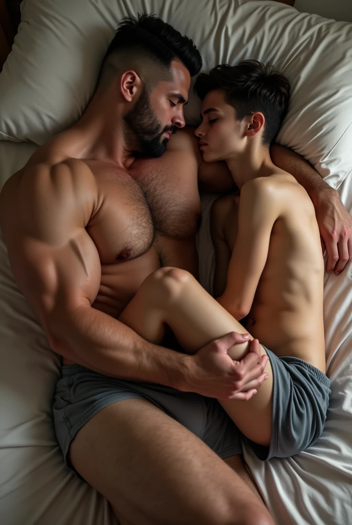 Photo realistic image of a very strong 4 handsome white bodybuilder teacher, very tall and beardless, very big and muscular in tight underwear and harness on his big hairy muscular legs lying in bed hugging each other in love with a very short young cute 1 slim age male student kissing