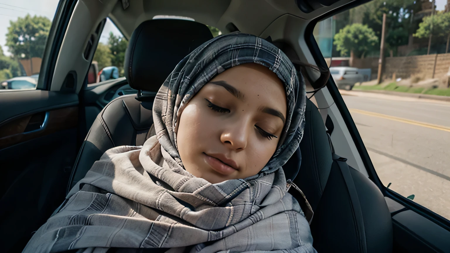 Beautiful Muslimah Sleeping Soundly in the Car