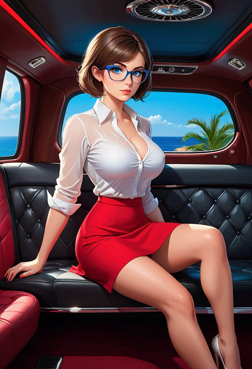20 years old woman, Short brown hair, Mediterranean with blue eyes, Generous and heavy breasts, slender waist, definition of l'estomac, fesses rebondies et pulpeuses, naturally curved, muscular thighs, aguicheuse , blue eye, lunettes, sitting in a limo , red mini Skirt, white sheer blouse, at night