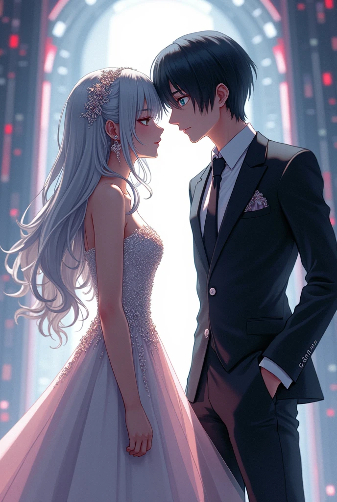 Sanakan and Cibo from Blame! Manga in a wedding dress), (sci-fi theme) suit black hair, dress striking silver hair, Eyes staring at each other, Futuristic atmosphere Emphasizes radiance pure atmosphere Intricate details of the outfit A soft but bright light shines from above. Intimate and romantic atmosphere Highly detailed, exceptionally detailed, cinematic quality, emotionally charged scenes.