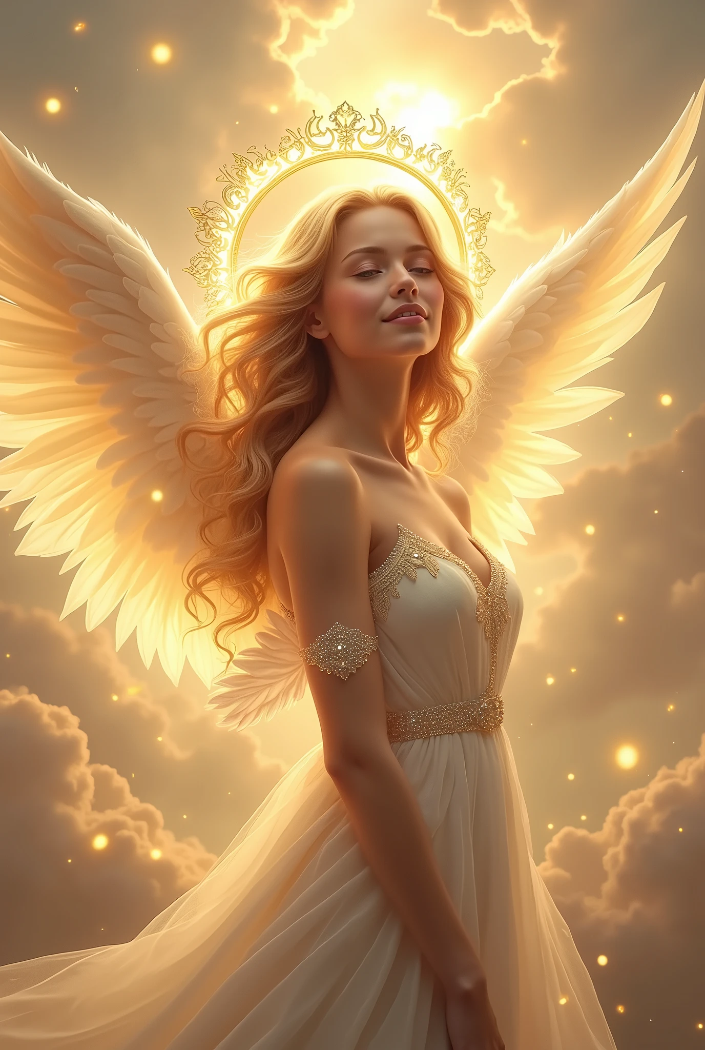 A radiant and very beautiful woman with the power of a god, depicted as an angel with a smiling face.