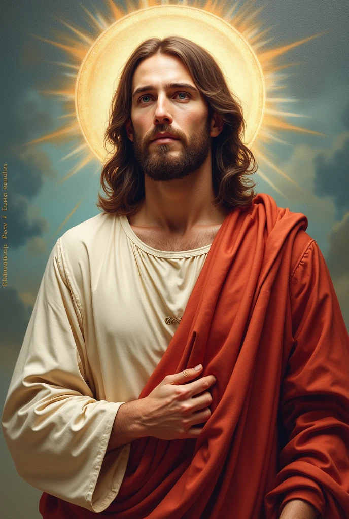 realistic painting Watercolor oil painting as Cover design for a book about the story of Jesus Christ in a glory view with title logo for book \\nname Jesus,picturesque appearance as Italian christian imagine Jesus Christ,without merged effect,The cover should have christian themes,with deep effect background, Jesus with long brown hair,Jesus looking forward, with Jesus name title logo calligraphy,straight eyes looking,Jesus is in the middle of the book\\\'s design ,خلفيه هادئه, unreal engine 5,8k,horizontal design, inspired by Hany rady, happiness and romance color