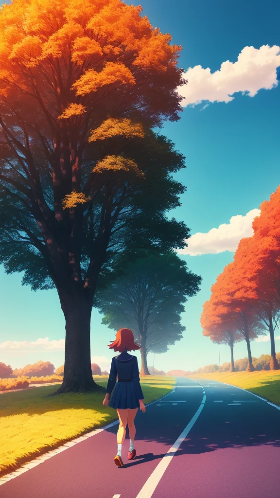 Solo girl, walking on a rainbow coloured road, autumn trees, vibrant sky, navy blue and orange color light clouds, anime, super detailed. 