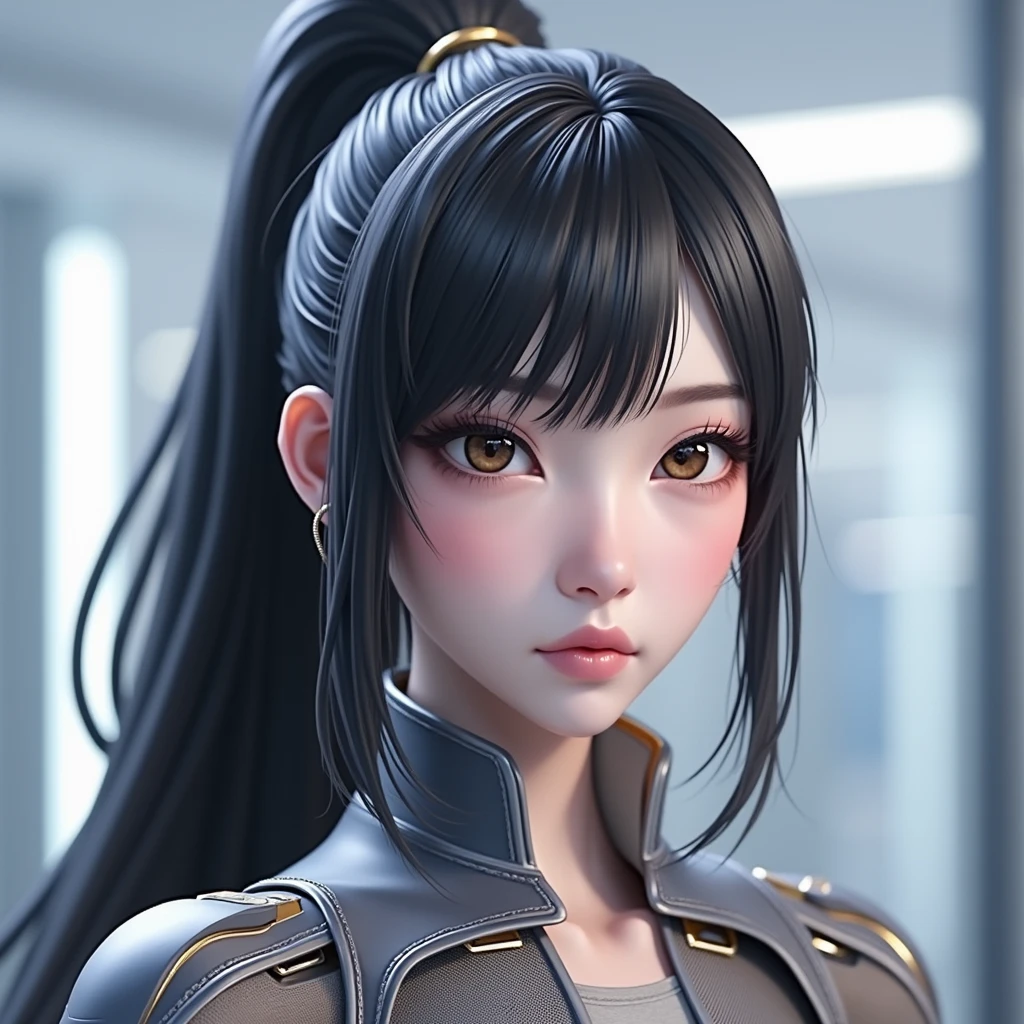 Eve, stellar blade, 8k,highres, 1girl, front lighting, simple background, gray background, looking at the viewer, fitted suit space, bodysuit, black hair and dark black hair, fringe, hair tied in ponytail style, video game, heels, gloves, ass, boobs, honey colored eyes, white skin, korean, small tie, makeup eyes, 3D, nude