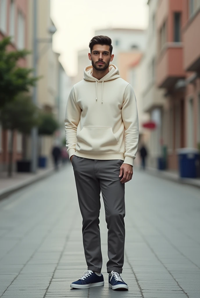 A 1 man in a quiet street, wearing cream coloured slim fit hoodie, grey chinos and navy plimsols, full body, looking at viewer