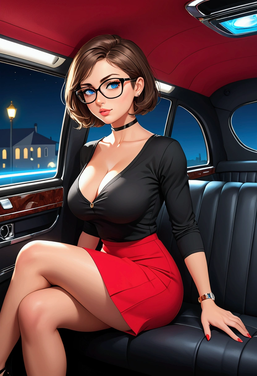 20 years old woman, Short brown hair, Mediterranean with blue eyes, Generous and heavy breasts, slender waist, definition of l&#39;estomac, fesses rebondies et pulpeuses, naturally curved, muscular thighs, aguicheuse , blue eye, lunettes, sitting in a limo, red mini Skirt, black blouse, at night 