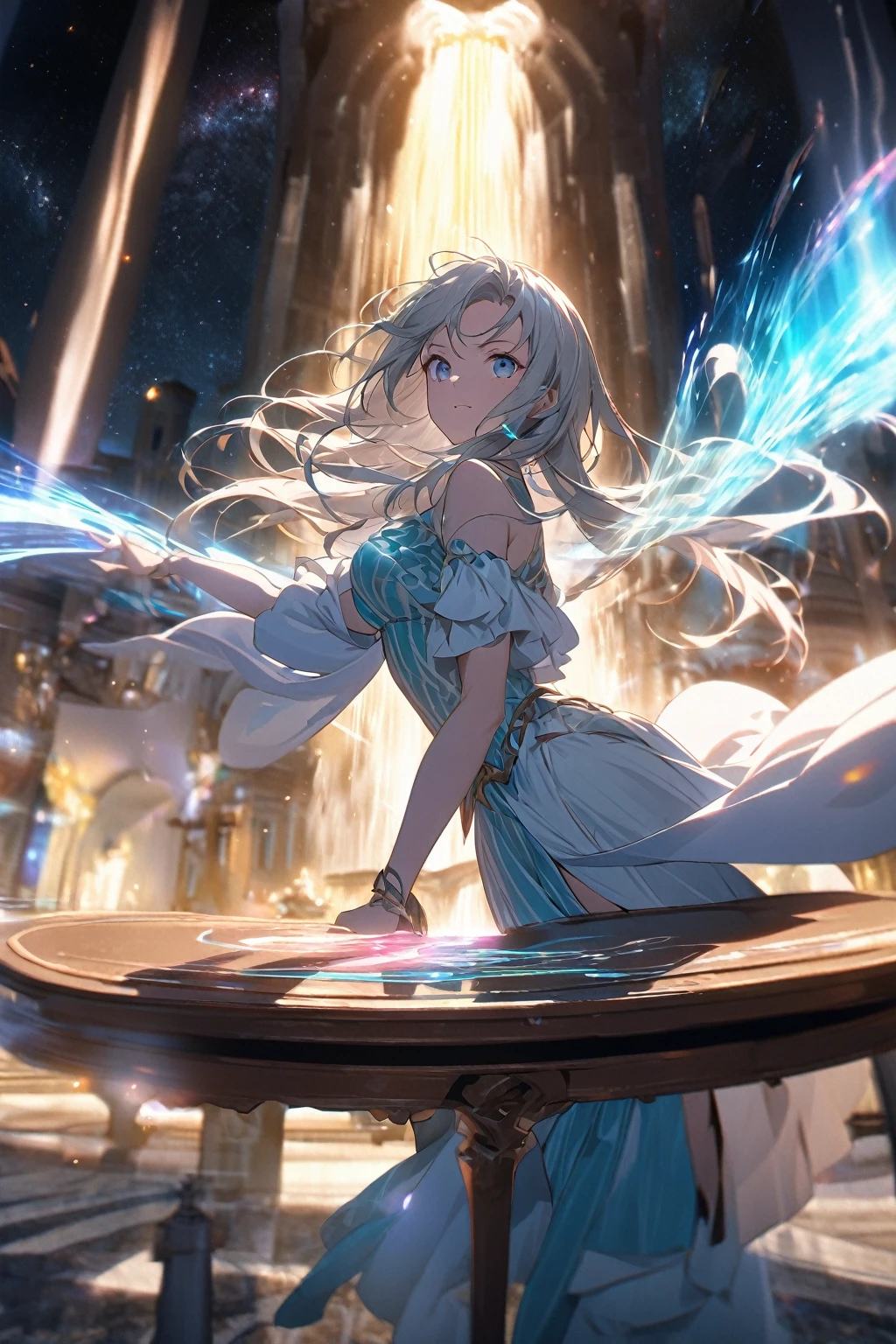 enchantress, highest quality,((highest quality)),((table top)),((perfect face)),become familiar with5two-fingered hand,1 girl,(background blur), ((holographic)),1 girl,milky way, (stripes of light), impressive visuals, (dynamic streak, path of light:1.2), bright colors, Face up,dynamic pose, Fountain in the background, have a cane, Like an anime poster, A fateful journey