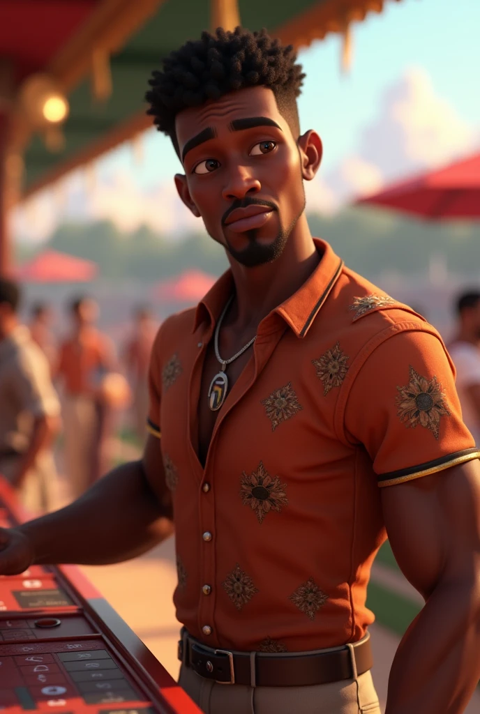 Create pixar 3d style , a black-skinned man with very short curly hair placing bets