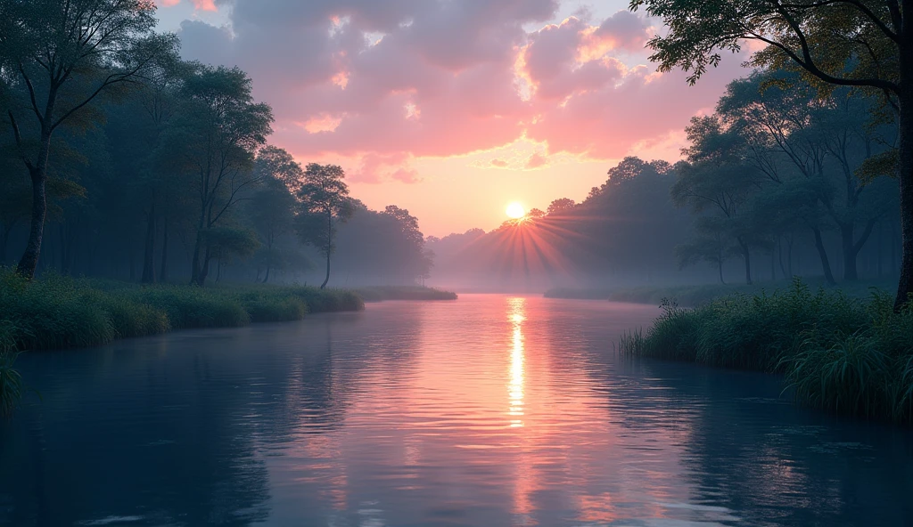 The river flows at dusk
