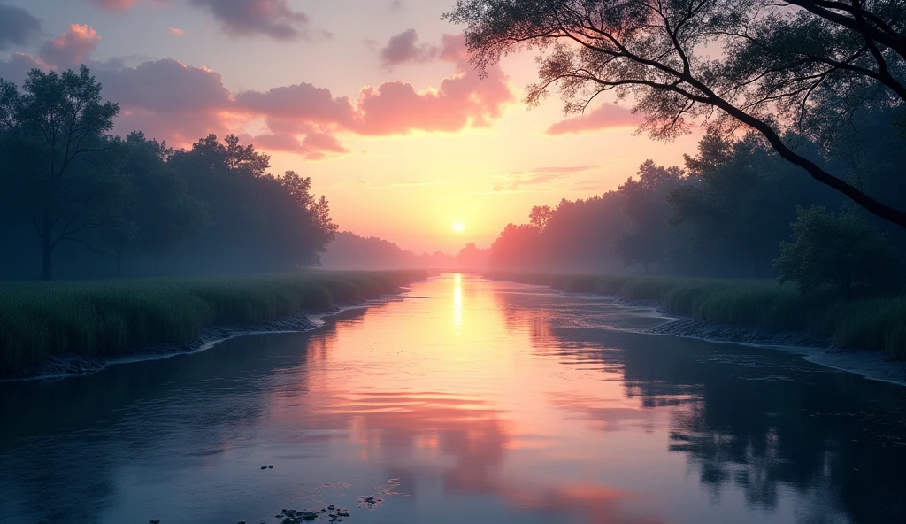 The river flows at dusk