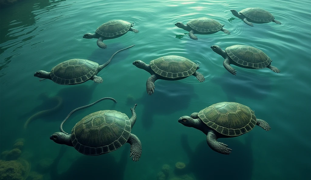 There are many magical turtles living at the bottom of the river，Its shape is no different from that of a turtle.，But it was a bird&#39;s eye view but a snake&#39;s tail(best quality，4K，8k，High level，masterpiece：1.2），Ultra Detailed，（lifelike，Photo real，Photo real：1.37）
