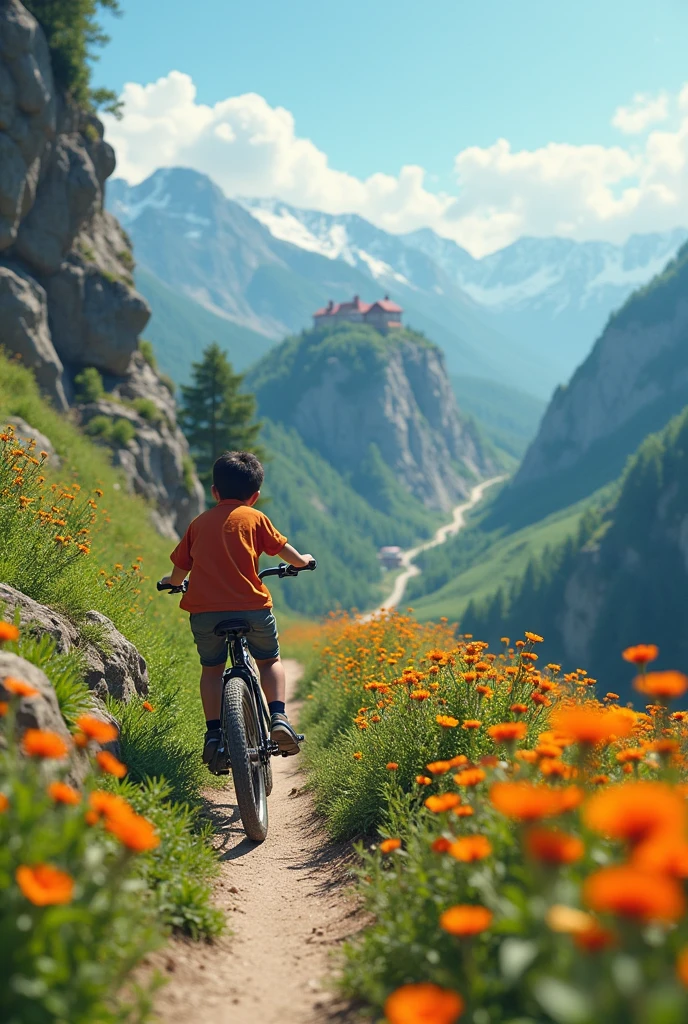 Make a video of a boy cycling to her village from mountain and her village is in top of other mountain souranding in flowers