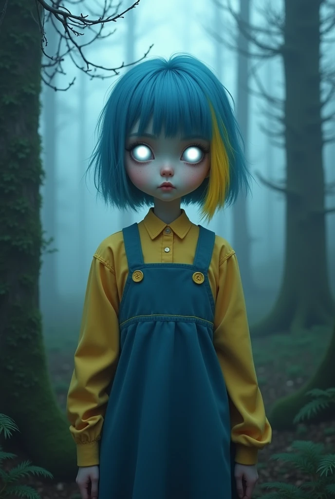 A girl,with bright white eyes,with blue hair and a lock of yellow hair,with a short blue dress and a yellow shirt,and that it is in a foggy forest