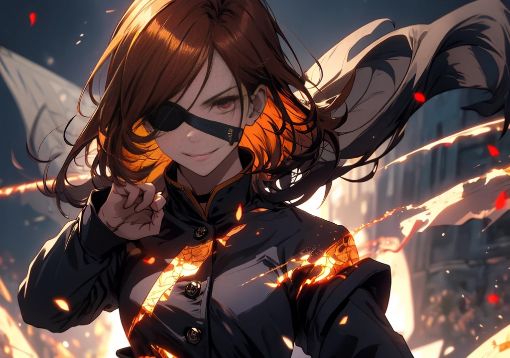 masterpiece,top quality,high resolution,ultra detailed,ultra high definition,precise,high detail,very detailed,ultra fine illustration,HD,8k 1.5),
solo,Nobara Kugisaki,uniform,Jacket,Shiny orange soft hair,Highly detailed brown eyes,Navy Blue Skirt,Navy blue shirt,Long sleeve,Short High ,short hair,(Eyepatch on right eye,黒Jacket:1.2),button,Long sleeve,Black Skirt,High Waist Skirt,Black Pantyhose,night,High contrast,(Highly detailed dark school background),Detailed face,Textured skin,Hair flowing in the wind,Skirt fluttering,Crazy smile,Highly detailed red rose background,A pale light shining in my hand,(With a hammer in his right hand,Put a nail in your left hand,Cross your hands:1.3),Delicate red petals blend into intricate patterns,Cinematic light effects,Halo,reflected light, Shadows cast on face and surroundings,full moon,Sharp lines,Shades of blue and black,anime, Dark atmosphere,Fantasy,Three-part method,Upper Body,Dutch Angle, Overlooking,