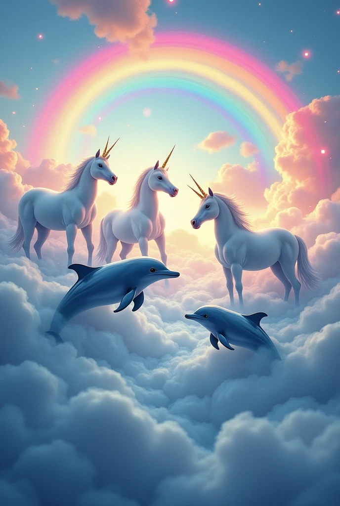 3 dolphins in the clouds with rainbow and 3 unicorns with rainbow