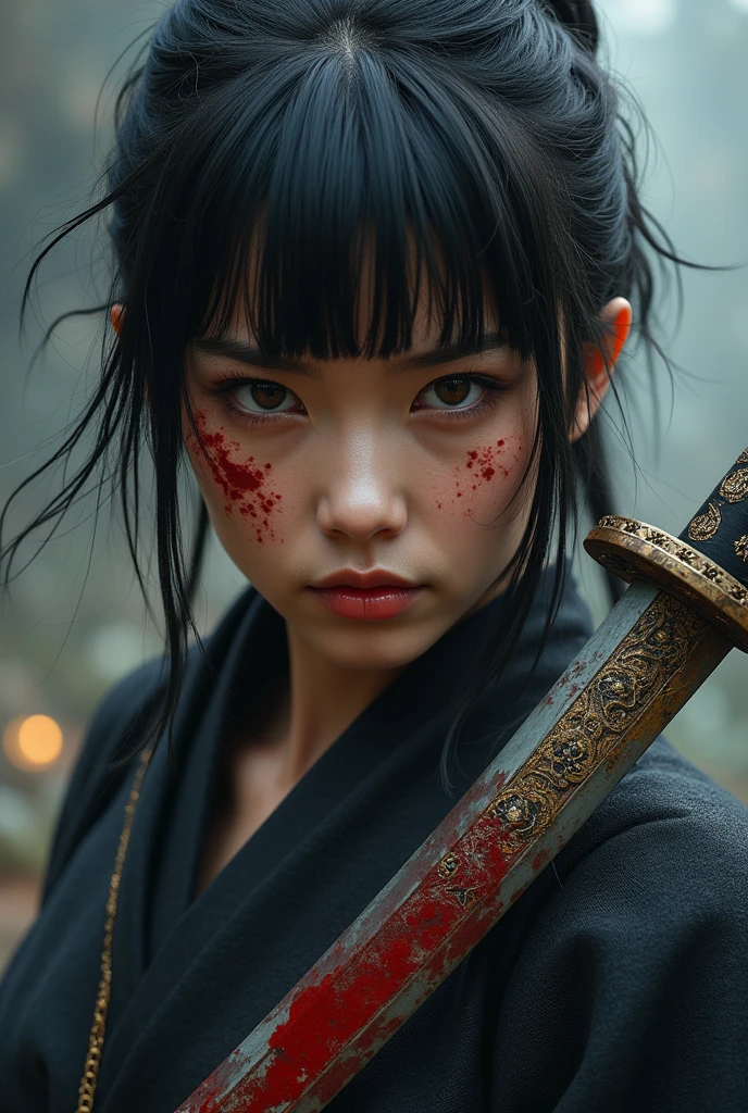 one female character, Chinese, with bangs, blood in The face, short hair and an intimidating appearance, series, and with a katana from his ancestors that looks like it was designed by gods