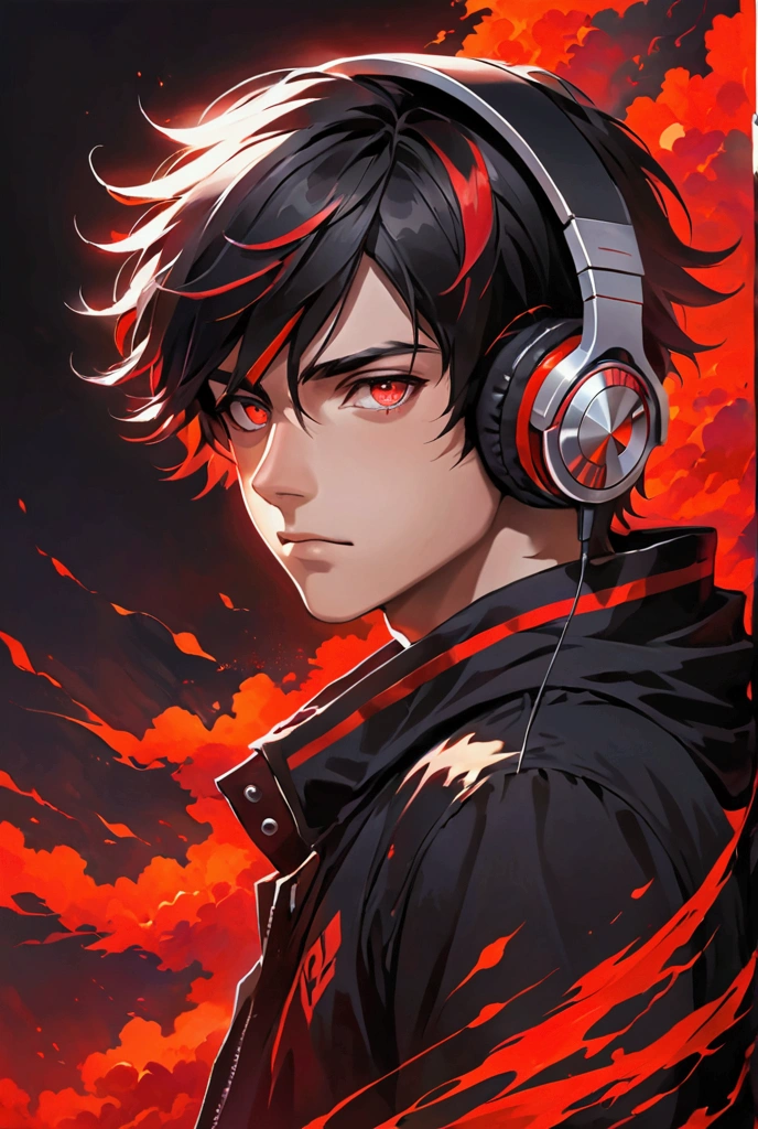 Black haired boy with red highlights and reddish eyes. Breasts, headphones, streaked hair, Red eyes,
