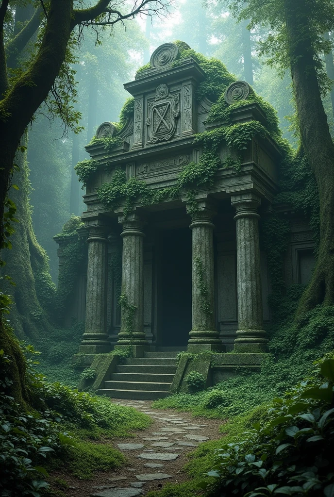 *A crumbling, ancient temple hidden deep in the forest, overgrown with vines and covered in moss, with an eerie silence surrounding it.*