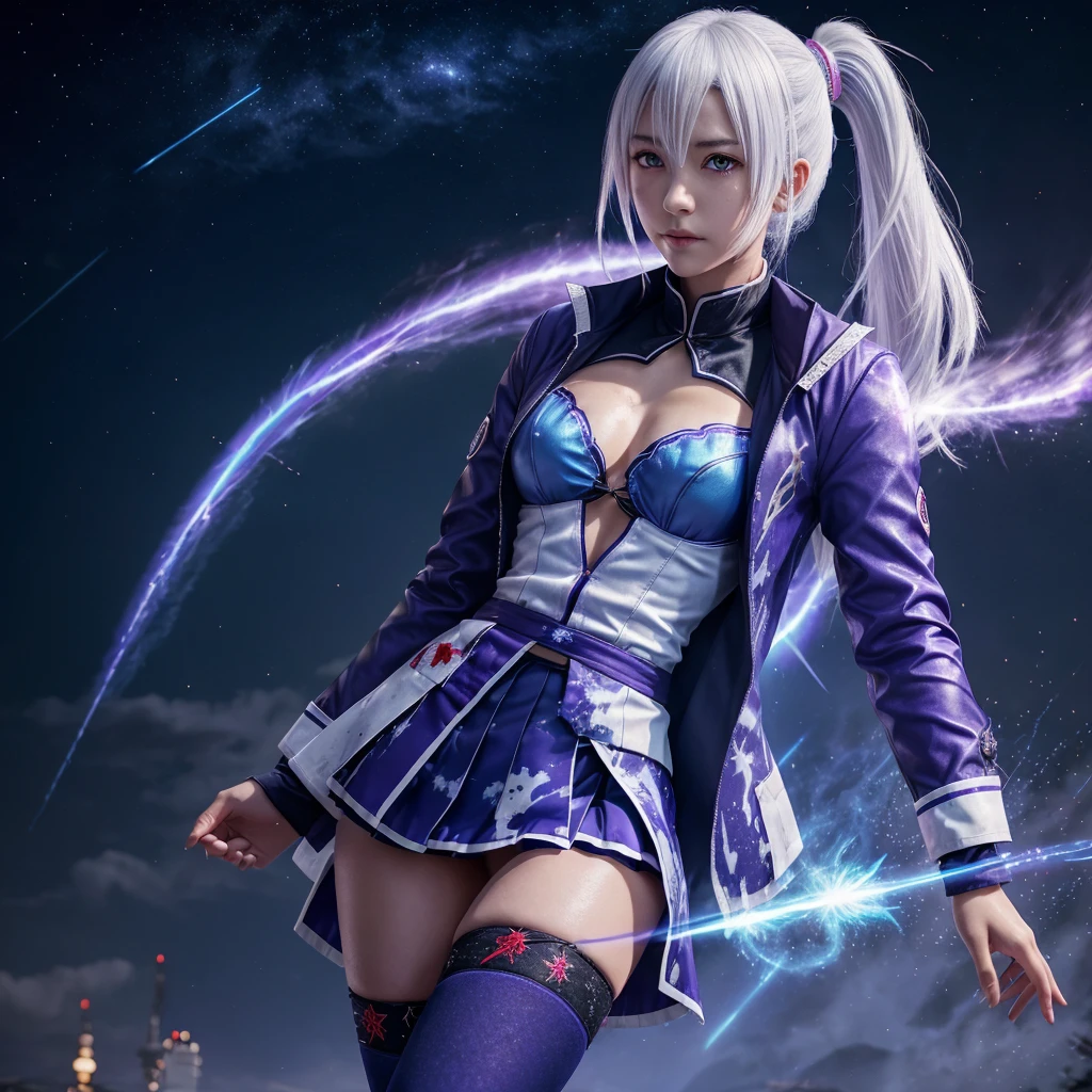 1girl, japanese clothes, ponytail ,white hair, purple eyes, magic circle, blue fire, blue flames, wallpaper, landscape, blood, blood splatter, depth of field, night, light particles, light rays, sidelighting, thighs, fate \(series\), genshin impact, ****, open jacket, skirt, thighhighs, cloud