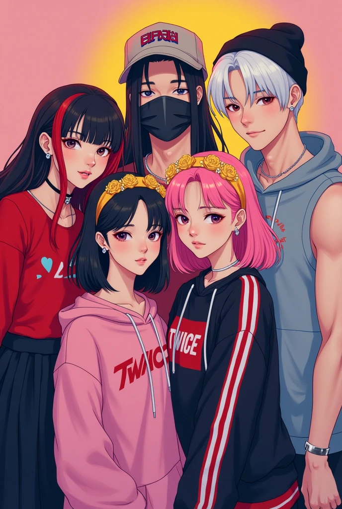 2 girls and 2 guys,they all 4 PEOPLE in art style
one of the girl has red and black hair, she's wearing red long sleeve shirt and black long skirt.
Another girl has pink hair with kpop's TWICE merch such as headband and pink hoodie and she has yellow flowers crown.
For the guy,of the guy has a black hair and wearing face covered mask, he's also has a Japanese type of cap and its black, he's wearing long sleeve shirt wuth black and white striped pattern.
Another 1 guy,has a white hair,has a binie cap and wearing sleeveless grey hoodie and carry a black bag, he's didn't wear a mask but he's wearing a silver chain around his neck,he has bicep
they all taking a group photos at photo booth