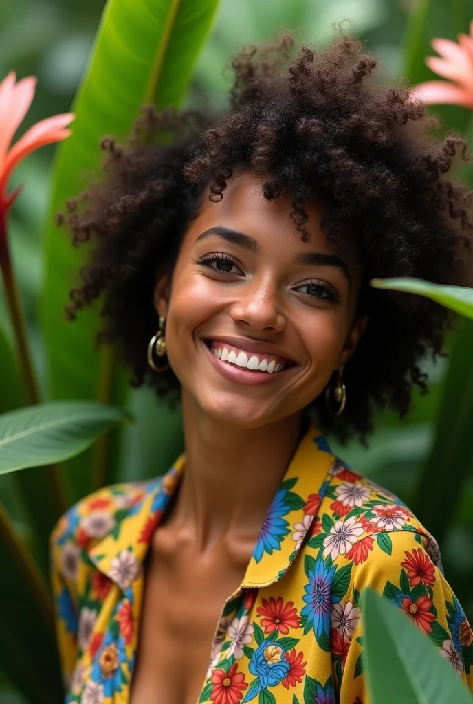 A Brazilian woman in a lush tropical garden, wearing an open shirt with a floral print, with a close-up capturing the harmonious beauty between her breasts and the natural flowers, showing off your natural charm and outgoing personality.