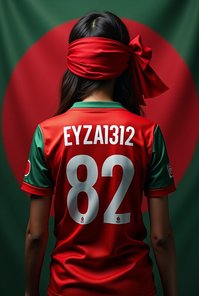 Red flag of Bangladesh. A 42-year girl is blindfolded with a red cloth
Bangladesh jersey on the body.
Jersey number 82 The name of the girl behind the jersey is Eyza1312