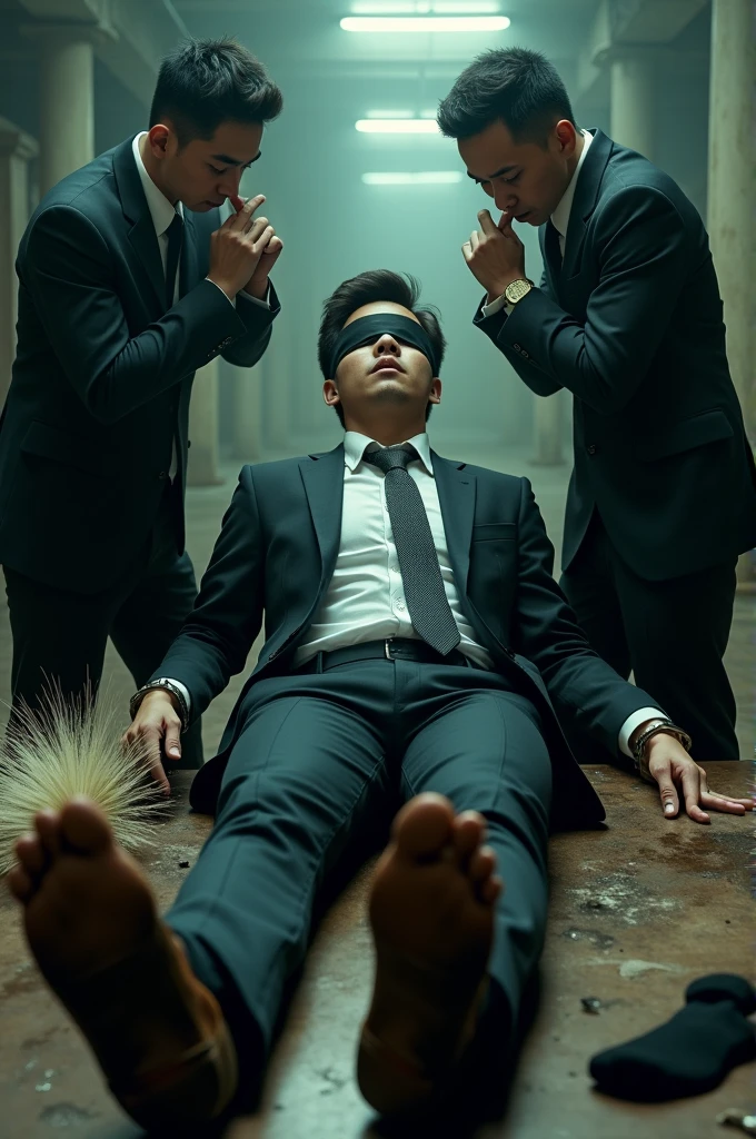 Malaysia malay handsome 23years student
He faint
Smelly feet
His hand handcuff in abondon warehouse
Blindfolded
handcuff
Formal Outfit
Focus sweaty hot feet on desk
feather duster on desk
Dirty Black sock on desk
2 mafia pinch nose