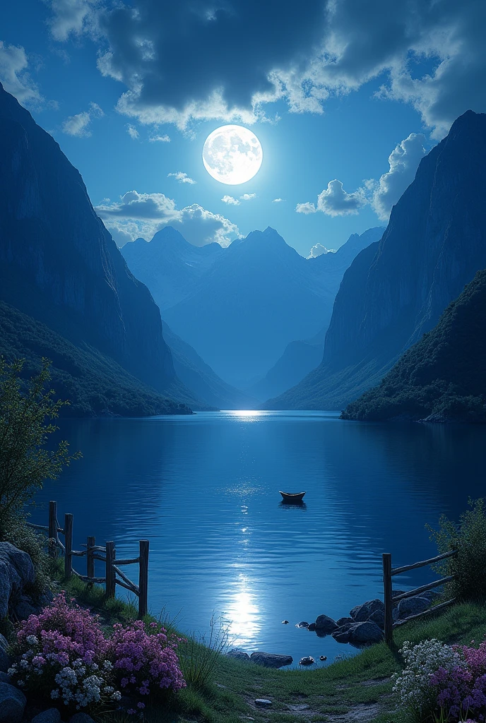 night sky, the moon illuminating a lake at night in a wonderful way, realistic and beautiful landscape, impressive to look at, captivating, flowers beside of fence, fence along the road,  mountain landscape with a lake and a boat, illustration matte painting,  inspired by Thomas Kinkade, symmetric matte painting, detailed scenery , style raw, 8 k ultra detailed