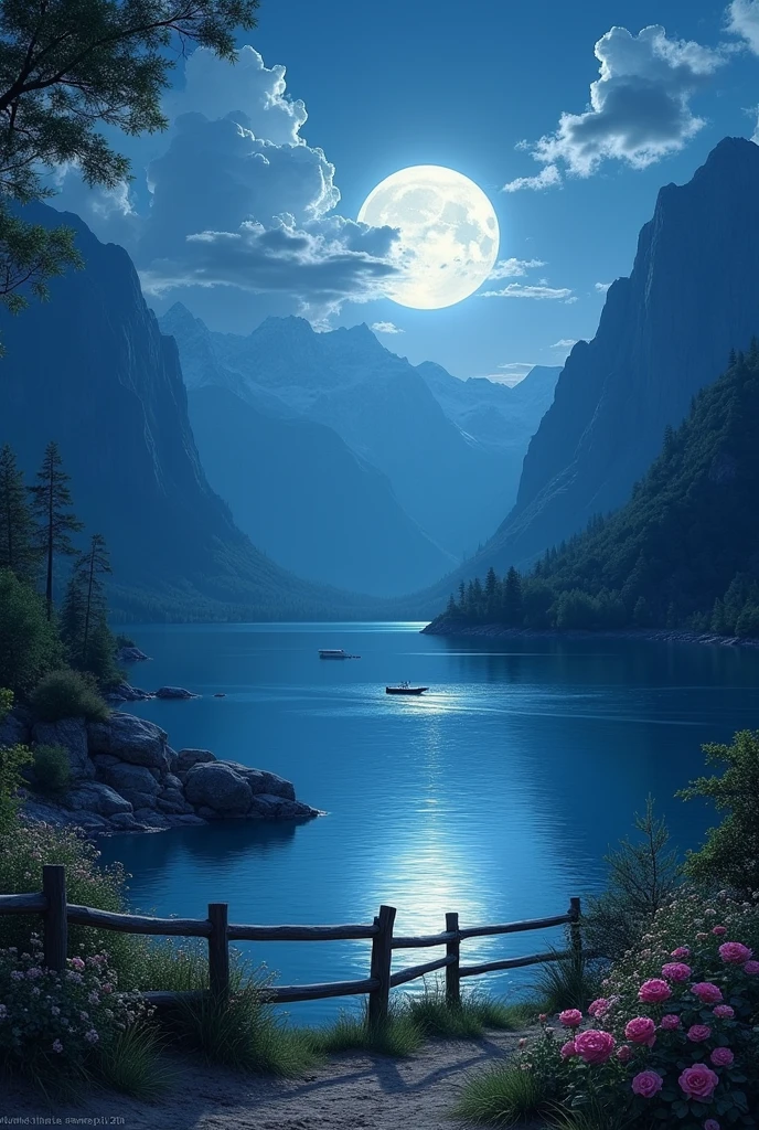 night sky, the moon illuminating a lake at night in a wonderful way, realistic and beautiful landscape, impressive to look at, captivating, flowers beside of fence, fence along the road, mountain landscape with a lake and a boat, illustration matte painting, inspired by Thomas Kinkade, symmetric matte painting, detailed scenery , style raw, 8 k ultra detailed