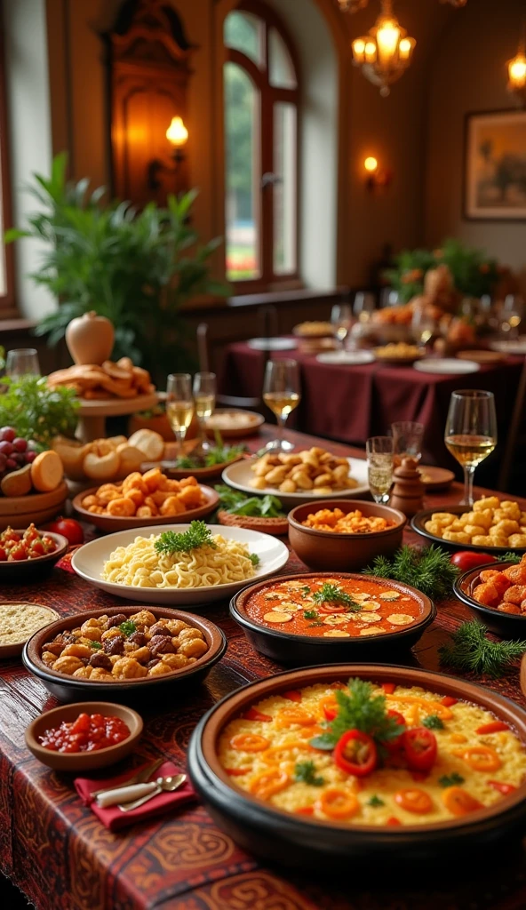 a beautiful room filled with an abundance of traditional spanish dishes, delicious spanish cuisine, an authentic spanish atmosphere, high quality detailed photo, HD resolution, makes you hungry, stunning lighting, intricate patterns and textures, warm color palette, tantalizing aromas, cozy and inviting setting, meticulously arranged food, mouthwatering presentation, rustic and authentic spanish decor, detailed and lifelike, vibrant and appetizing, professional food photography, photorealistic, masterpiece, with a beautiful spanish girl
