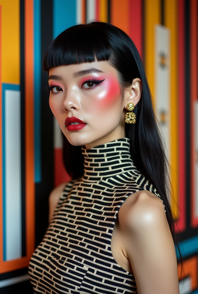 A sophisticated visual art piece that explores the Café Wall Illusion through fashion and design. The woman's hair is styled in sleek, geometric patterns that mimic the staggered rows of the Café Wall Illusion. Her makeup is designed to emphasize the illusionary effect, with patterns and gradients that simulate the Café Wall's staggered effect. The dress is a masterpiece of optical illusion design, featuring a pattern of staggered dark and light "bricks" with a subtle gradient of colors in between. The background is an abstract representation of the Café Wall Illusion, with alternating rows of colors and geometric patterns. Accessories such as earrings and bracelets feature small, repeating geometric patterns inspired by the Café Wall Illusion.