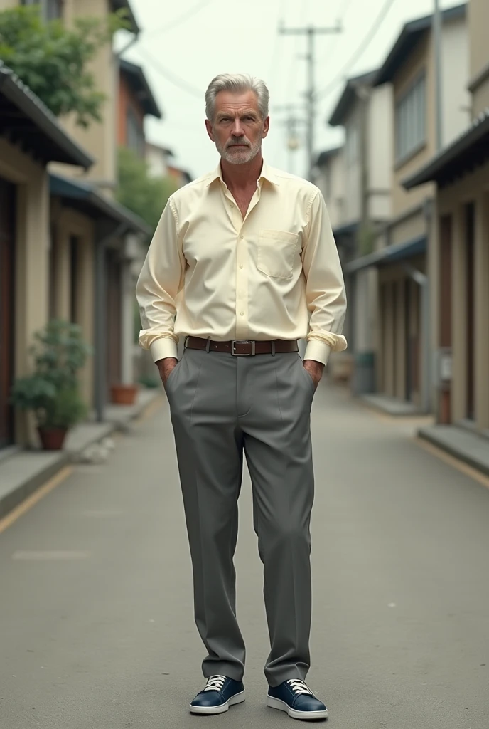 A 1 man in a quiet street, wearing cream coloured slim fit formel dress, grey chinos and navy plimsols, full body, looking at viewer