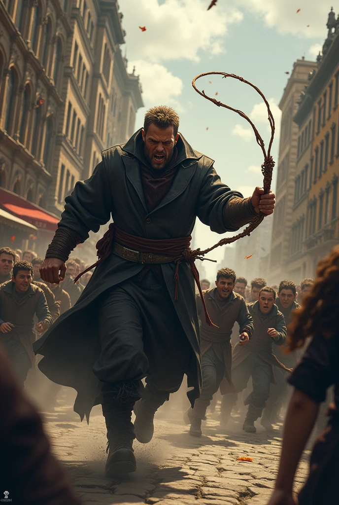 Image of a man with a whip chasing people in a square 