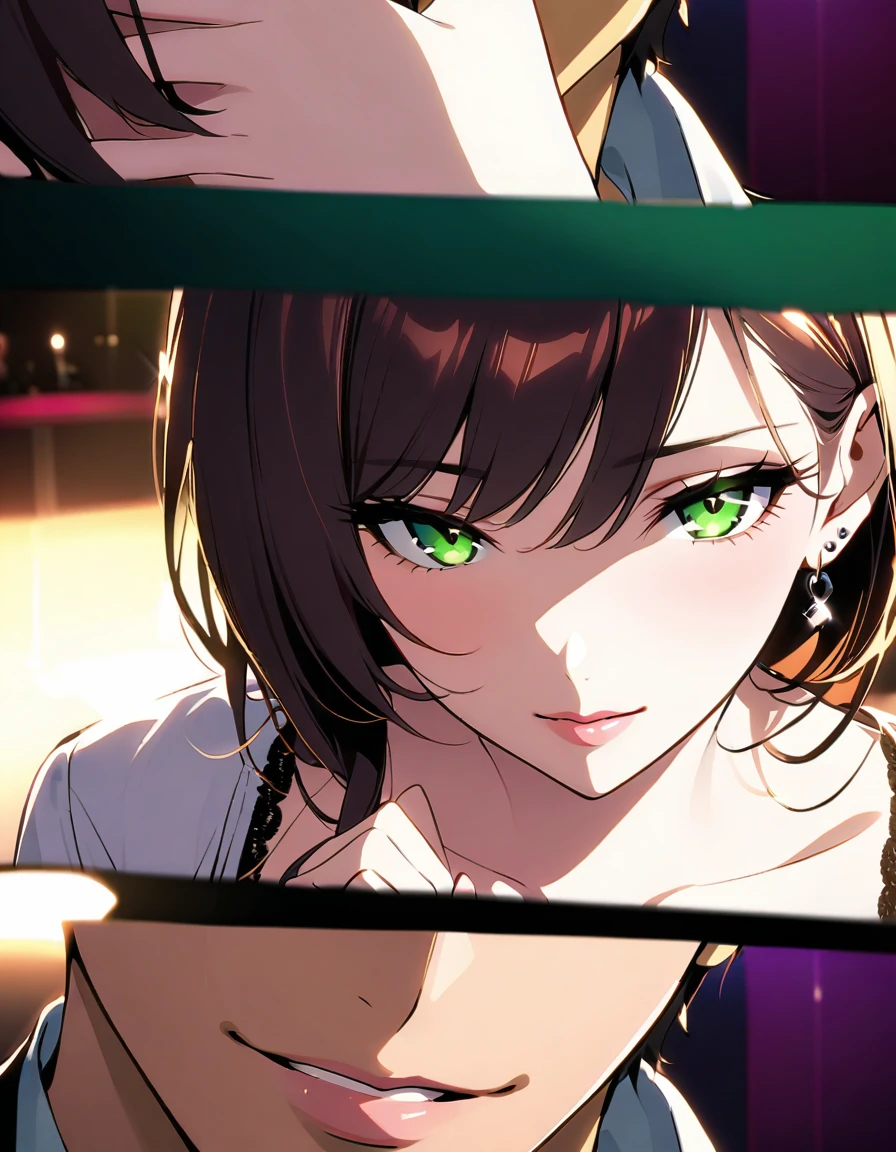 A sultry close-up captures the seductive CEO's face, her piercing green eyes locking onto the unsuspecting investigator as she whispers sweet nothings. The camera pans down to reveal their entwined bodies, a provocative pose that hints at the forbidden desires being played out. Soft focus and warm lighting evoke the intimate atmosphere of a dimly lit nightclub, where secrets are bought and sold with sly smiles and cunning kisses.