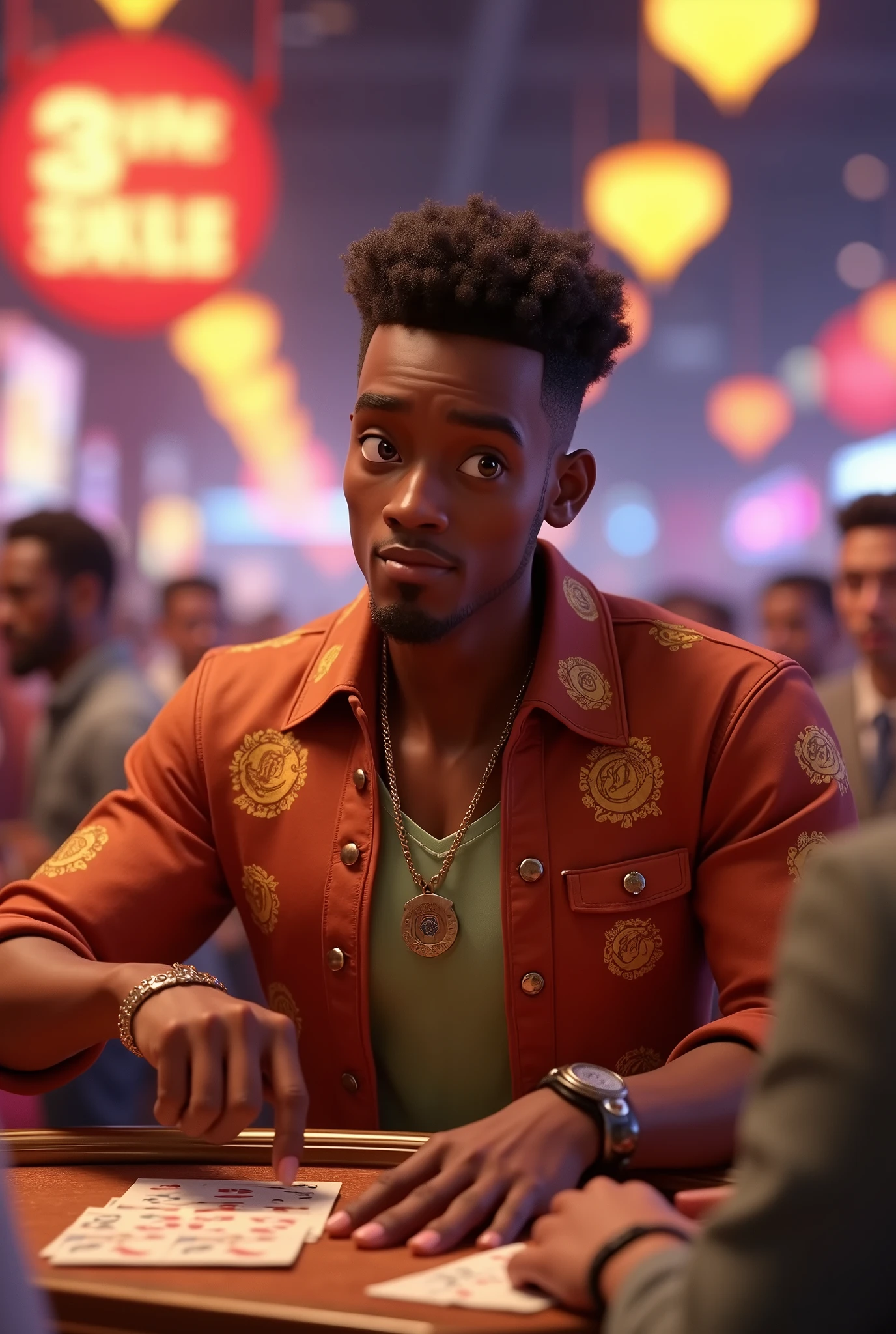 Create pixar 3d style , a black-skinned man with very short curly hair placing bets